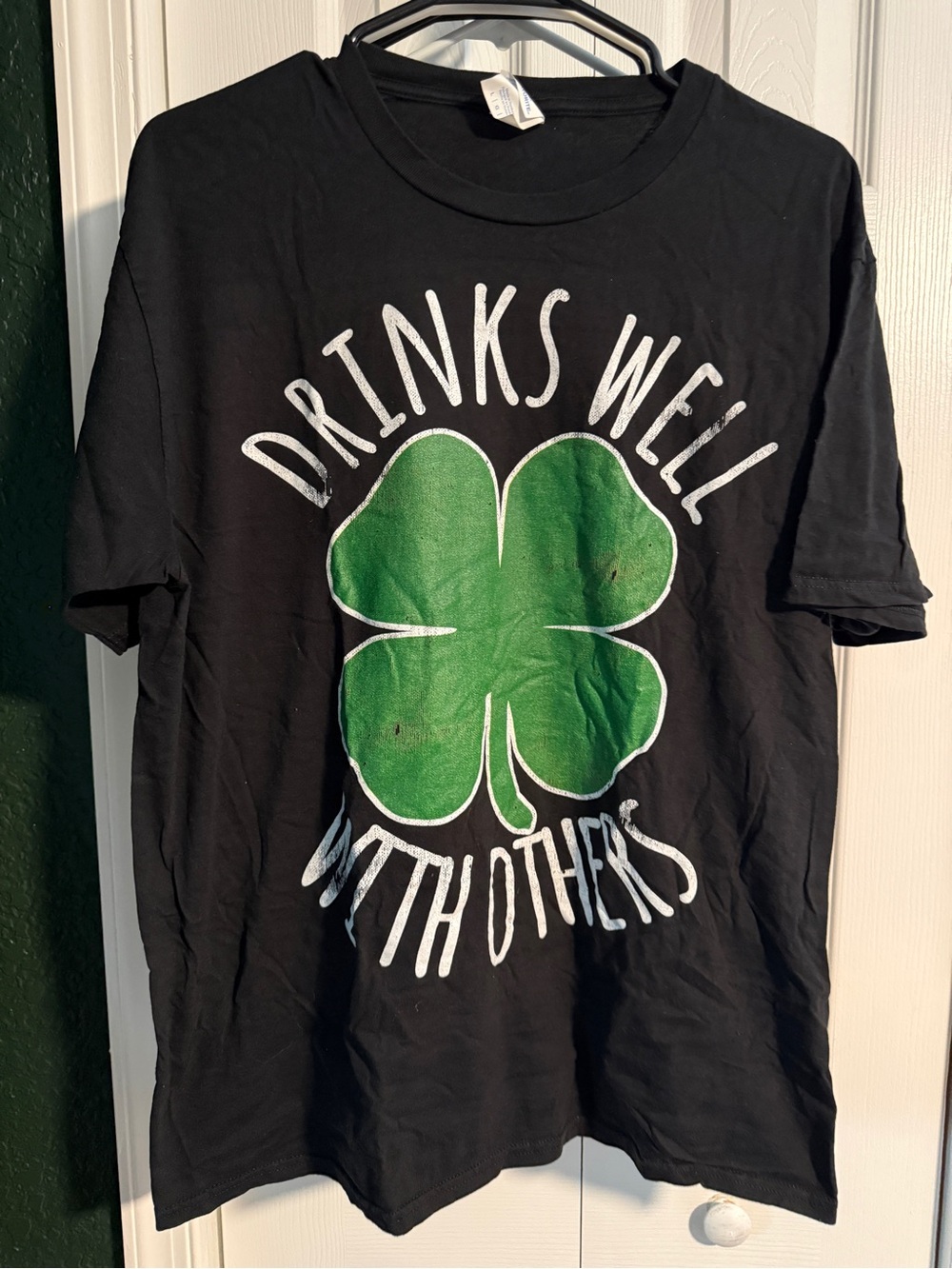 Fruit of the Loom Black Tee with Green Shamrock "Drinks Well With Others"